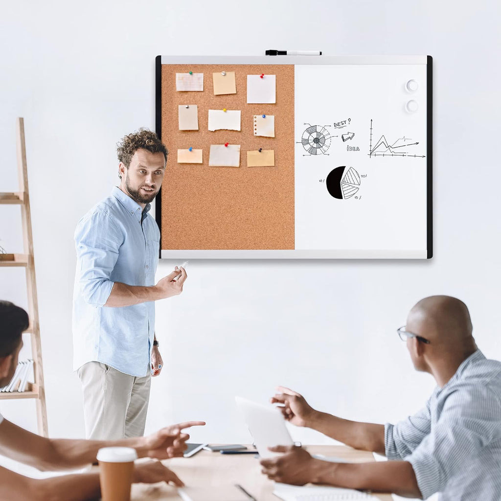 Magnetic Dry Erase Whiteboard & Cork Board Combo, Double-Sided, Lightweight, Easy to Install, Plastic/Aluminum Frame