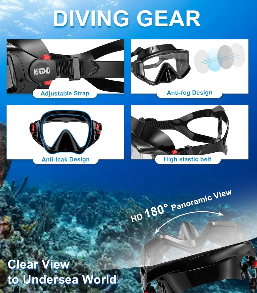 Snorkeling Gear for Adult Kid - Anti-Fog Mask with Top Dry Valve | Panoramic View Anti-Leak Snorkel Set with Travel
