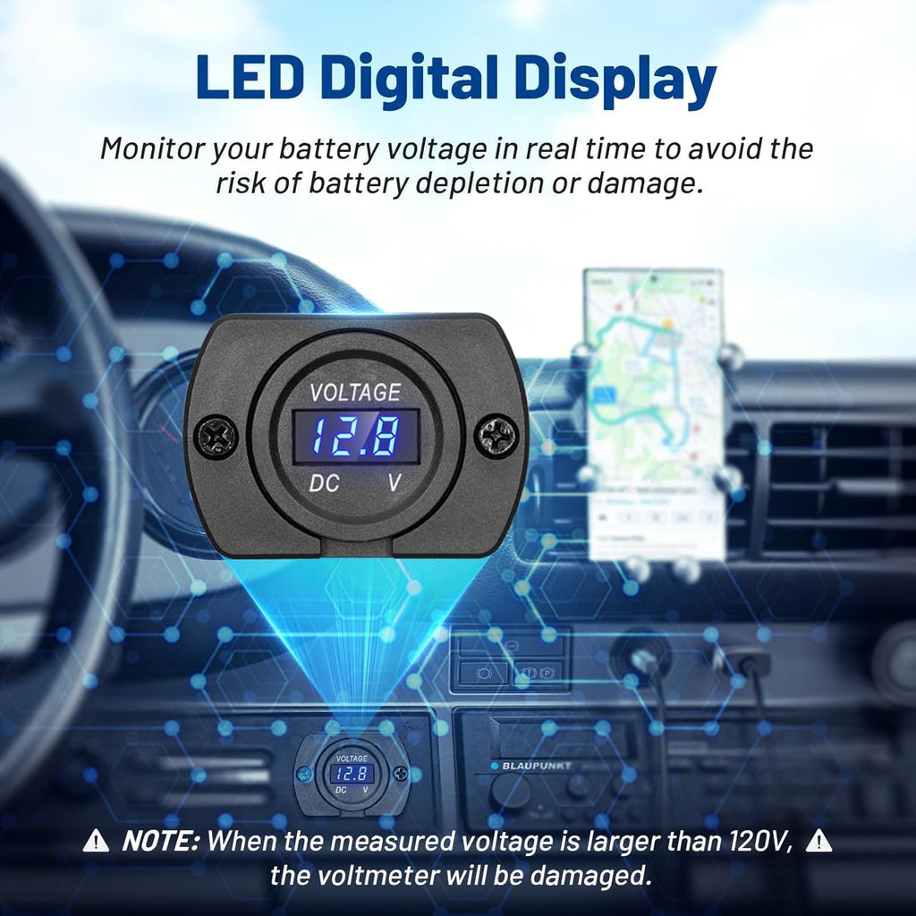 2Packs Car Voltage Meter Monitor 12V/24V Voltmeter Gauge with LED Digital Display Round Panel Mount Battery Monitor