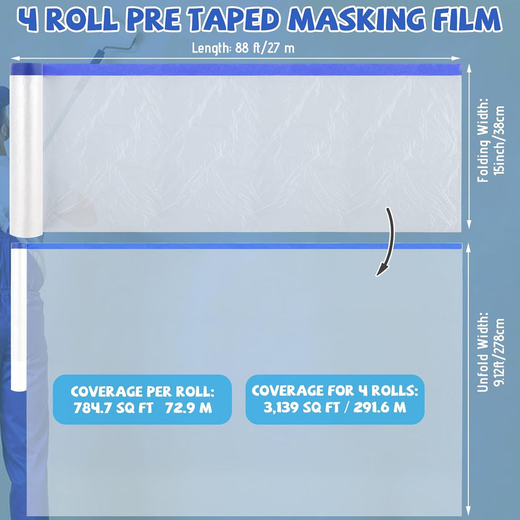 Pre-Taped Painter Plastic Sheeting for Painting 106IN x 88FTx 4Roll