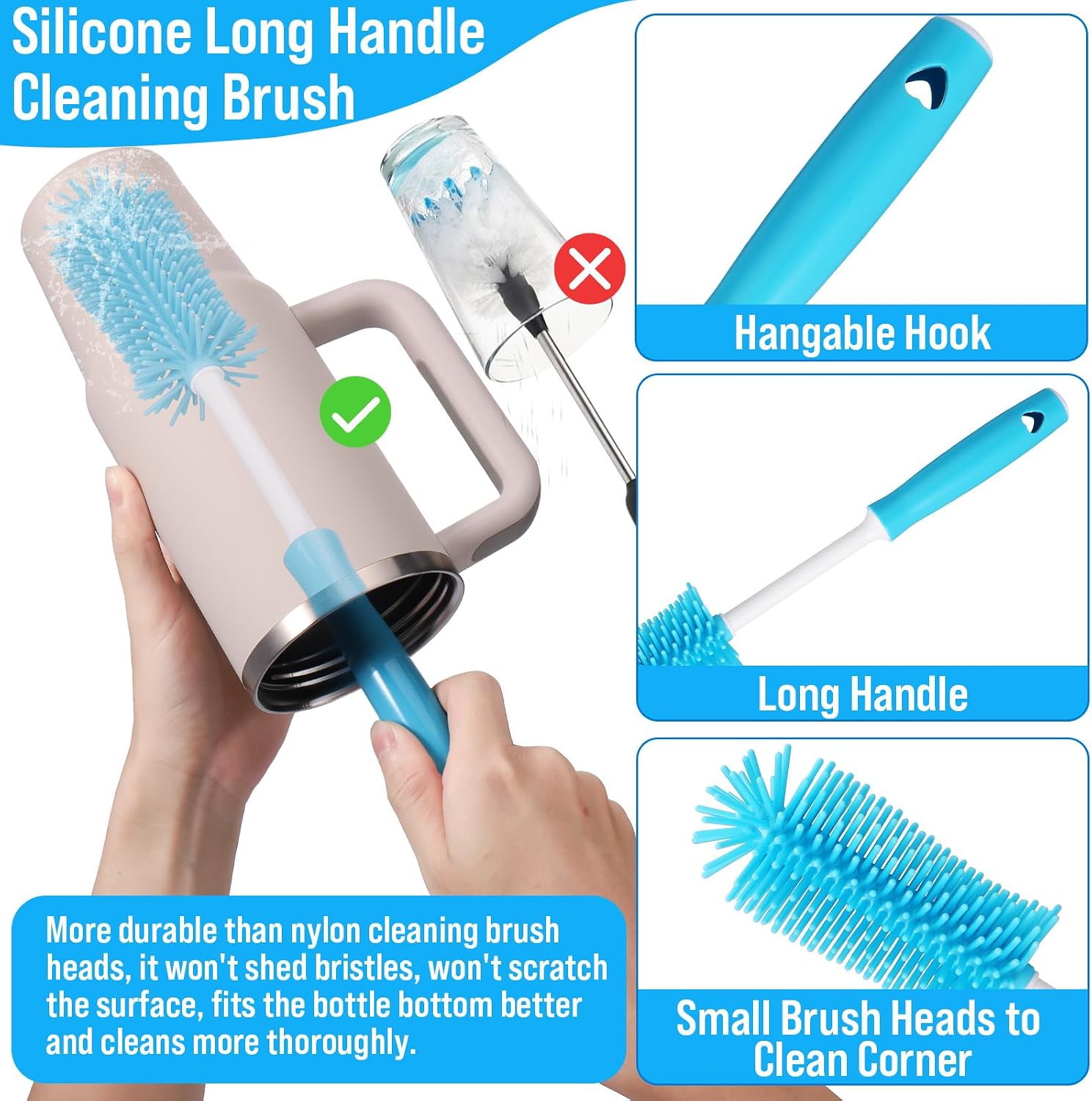 Water Bottle Cleaner Brush Set for Stanley Tumbler 40 oz/30 oz Cup | Multifunctional Bottle Brush and Long Silicone