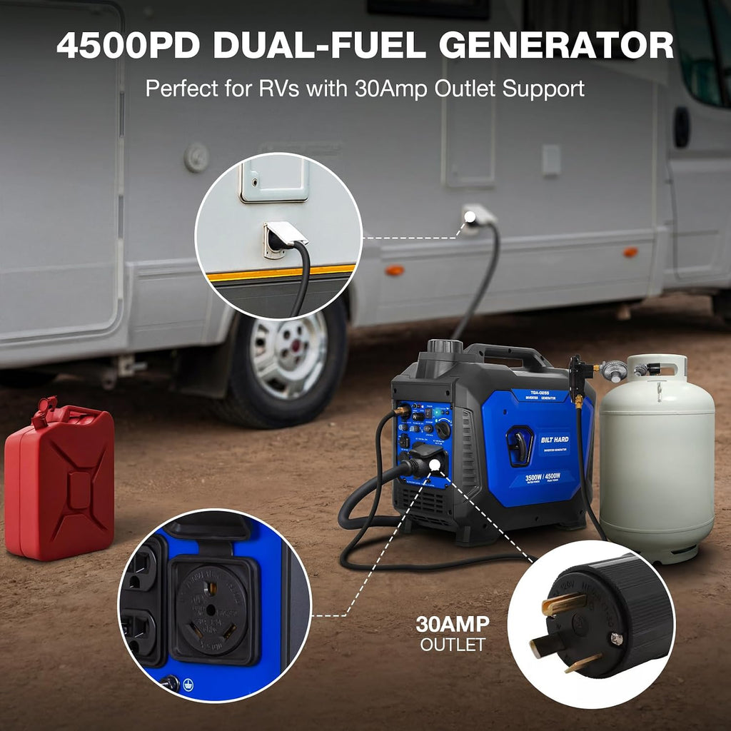 Ultra-Quiet 4500W Inverter Generator, Dual Fuel (Gas/Propane) with CO Sensor, 4-Cycle RV Ready & Parallel Capable for