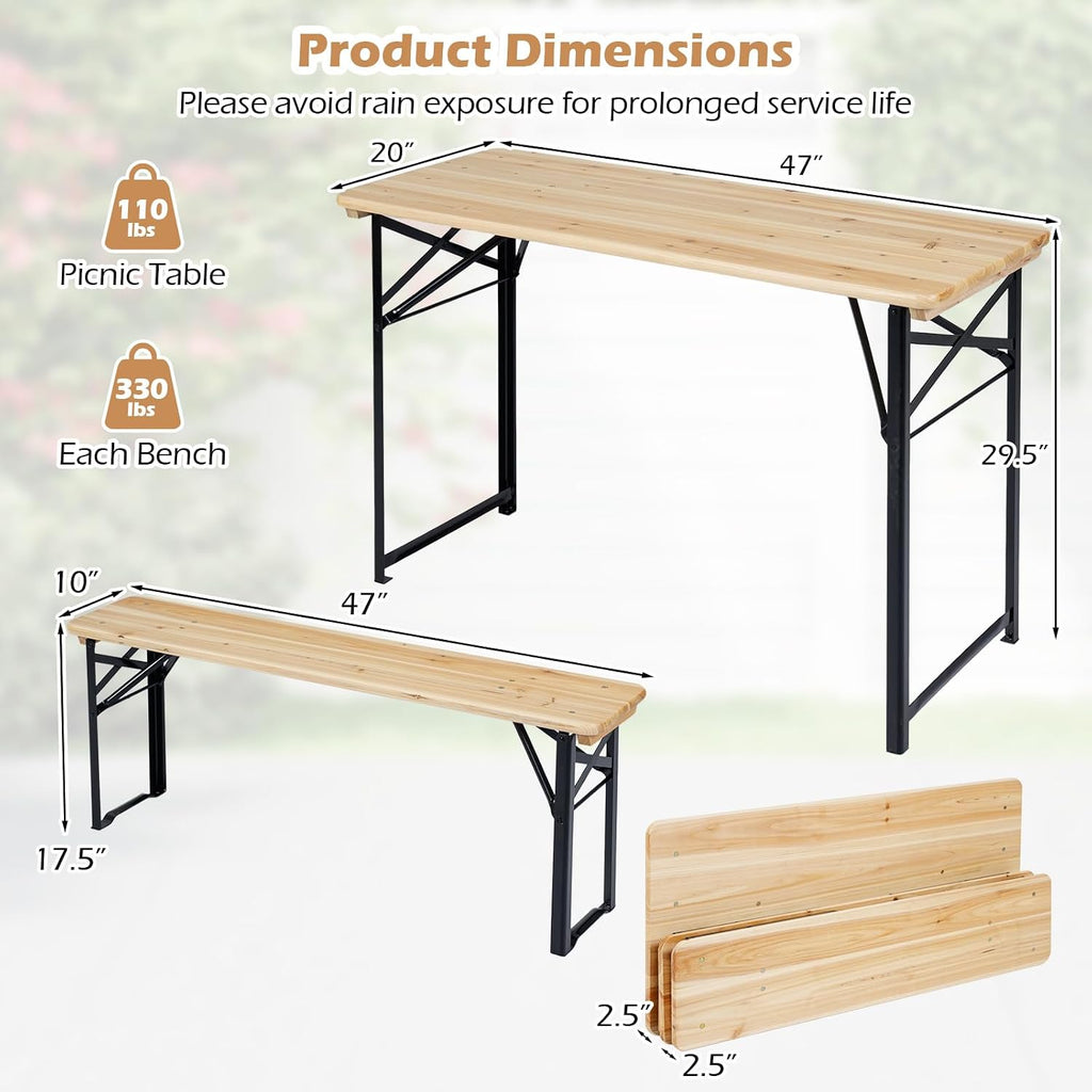 3 Piece Folding Picnic Table with 2 Benches, Foldable Wood Picnic Table Bench Set with Heavy-Duty Metal Frame for 4