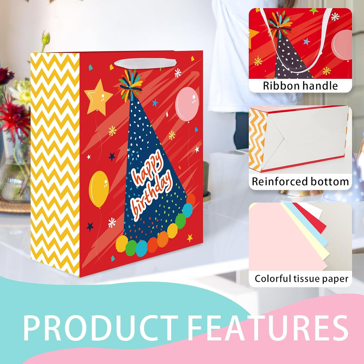 Birthday Gift Bags Assorted Size with Ribbon Handles and Tissue Paper