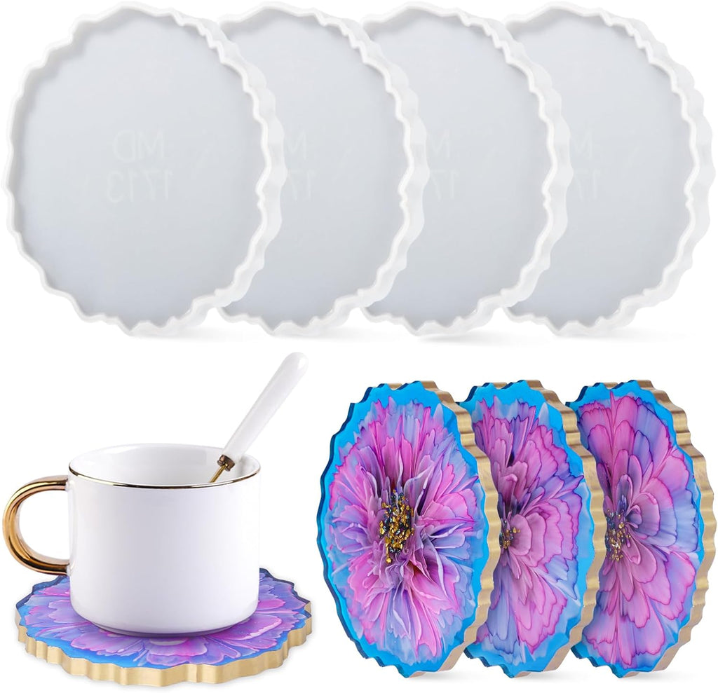4Pcs Resin Coaster Molds, Druzy Geode Agate Silicone Coaster Molds for Epoxy Resin, 5Inches Large Mould for DIY Art