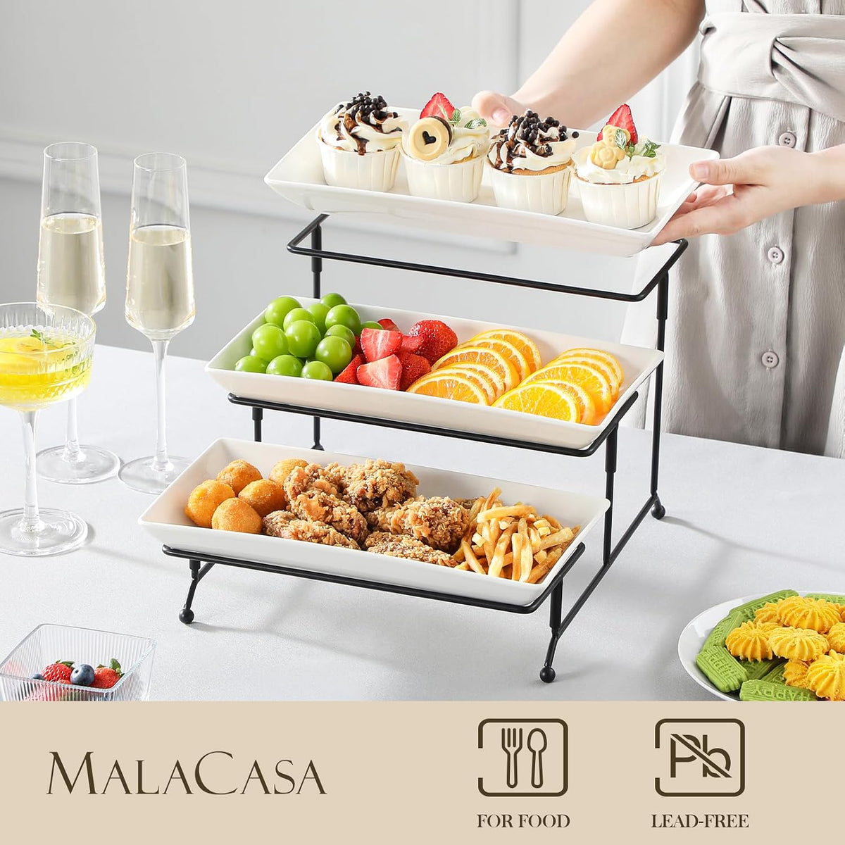 3 Tier Serving Trays, White Porcelain Serving Platters, 12 Inch