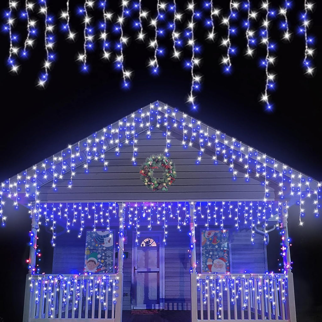 Blue and White Icicle Lights for Outside, 33ft 400 LED String Light Indoor Plug in, 8 Modes Connectable Icicle