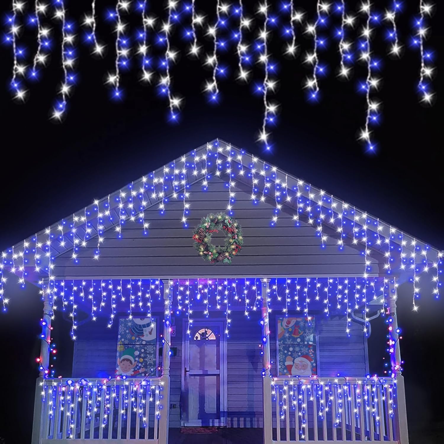 Blue and White Icicle Lights for Outside, 33ft 400 LED String Light Indoor Plug in, 8 Modes Connectable Icicle