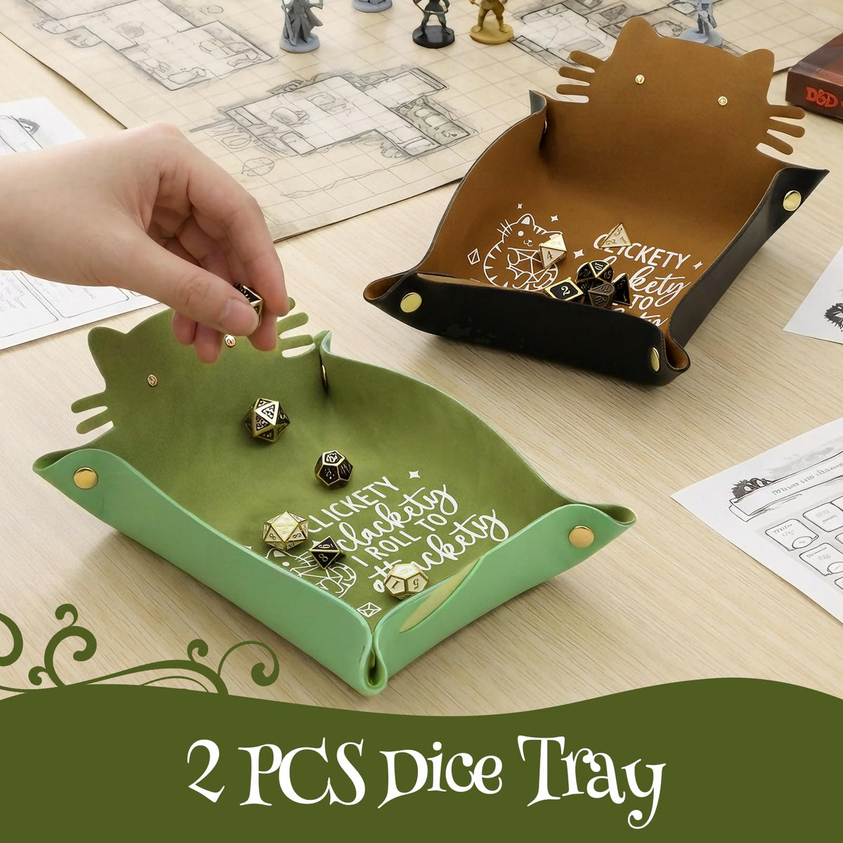 Cat Dice Trays 2PCS, Foldable Portable, Leather Brown and Green