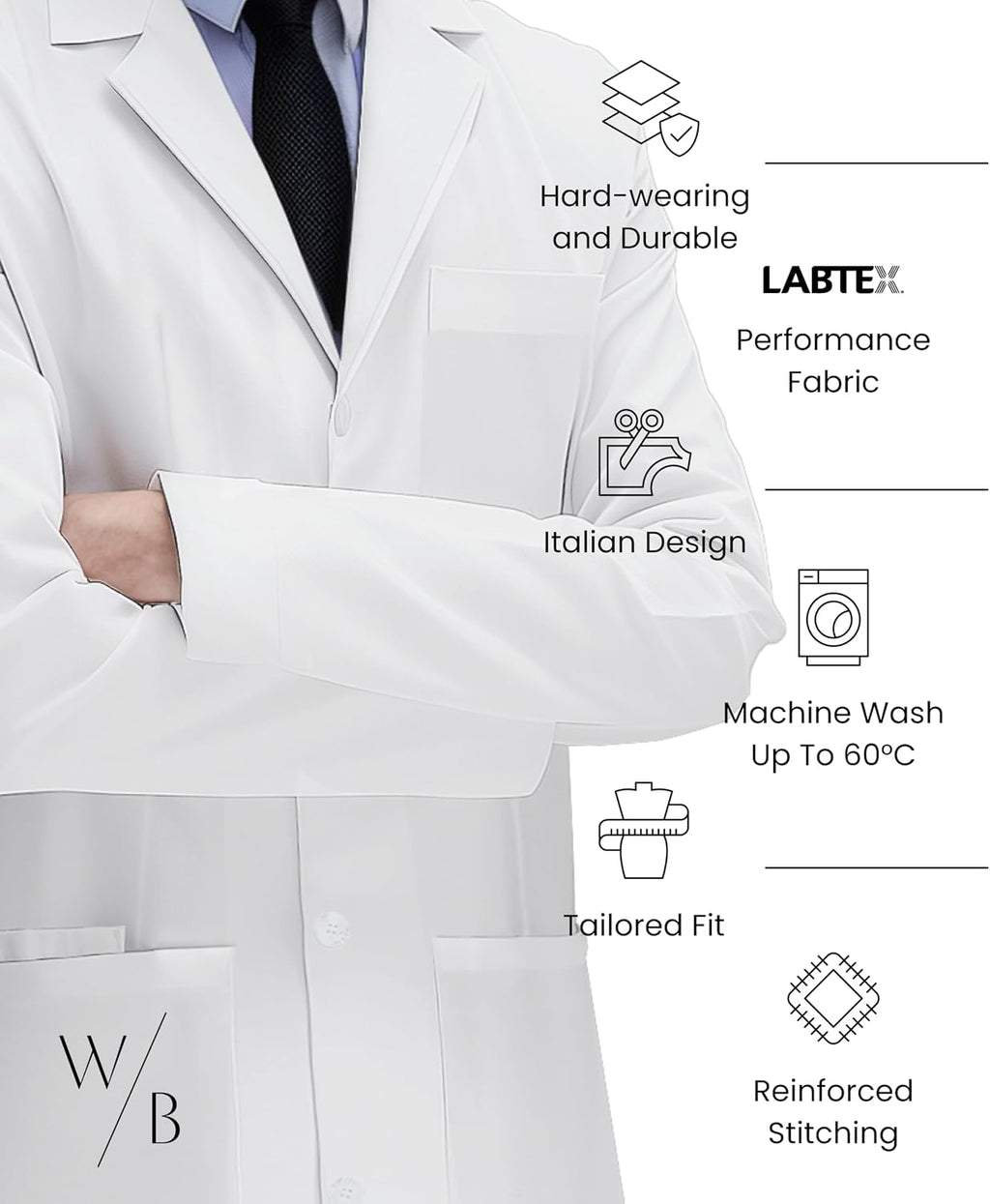 Men's Lab Coat, Slim Fit, Durable Fabric, Professional Medical White Coat, Smartphone & Tablet Pocket