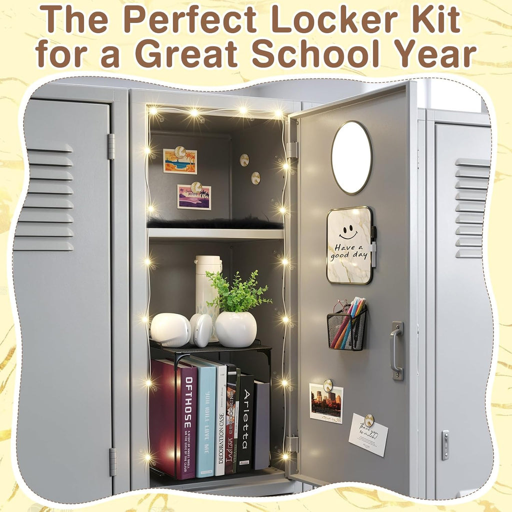 16 Pcs Locker Accessories with LED Light, Lockers Decor for School | Includes metal shelf, dry erase board, mirror