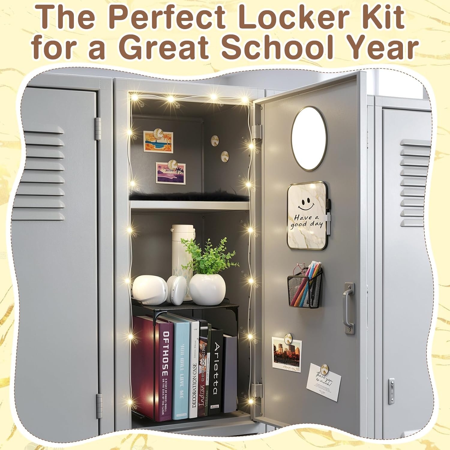 16 Pcs Locker Accessories with LED Light, Lockers Decor for School | Includes metal shelf, dry erase board, mirror
