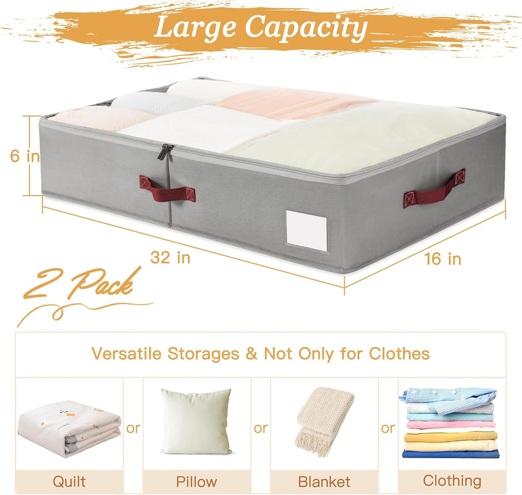 Under Bed Storage Bins with Clear PVC Lids – 2 Pack Large Underbed Organizers with Heavy-Duty Handles, Reinforced