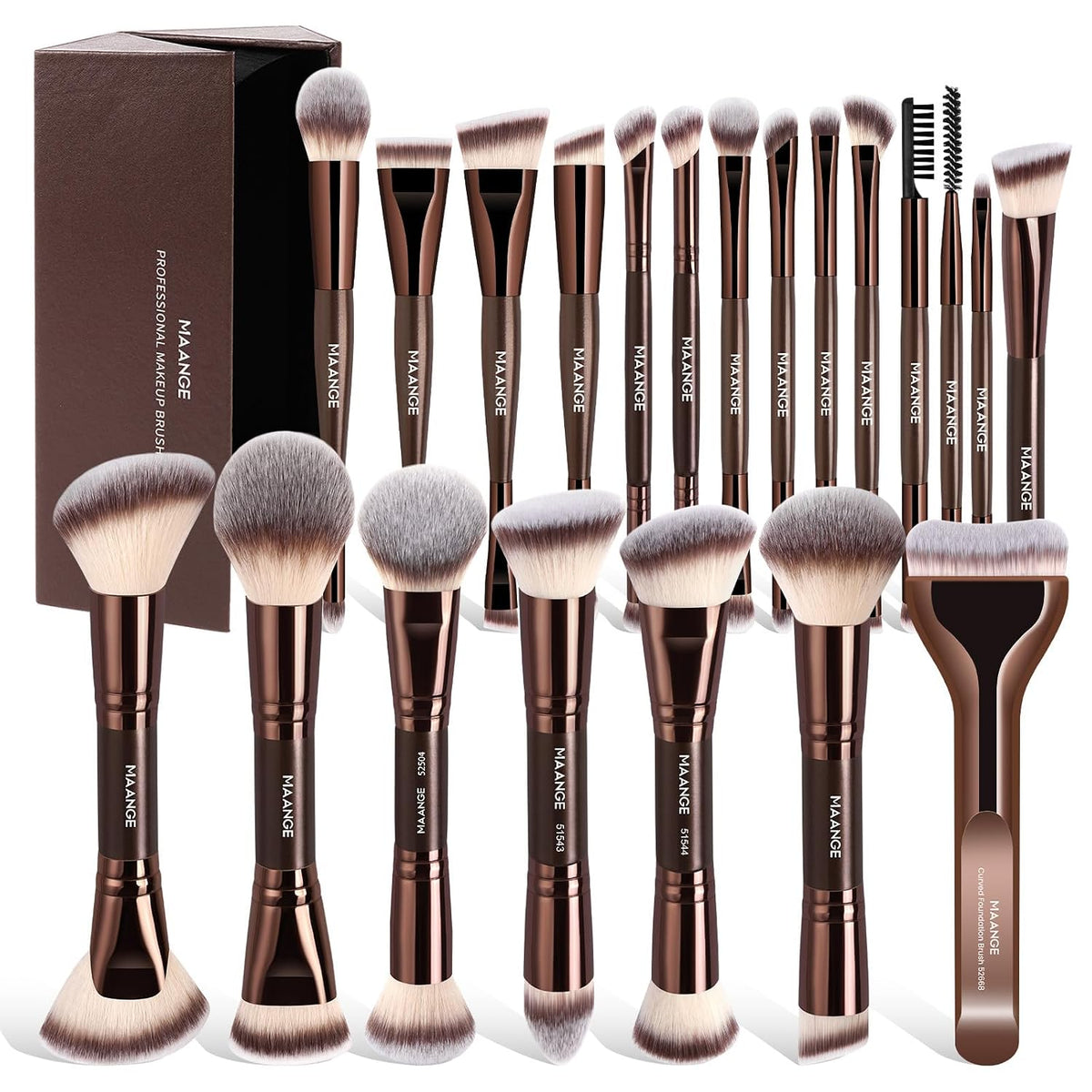 21 Pcs Makeup Brush Set Double-Ended with Travel Case, Coffee Brown