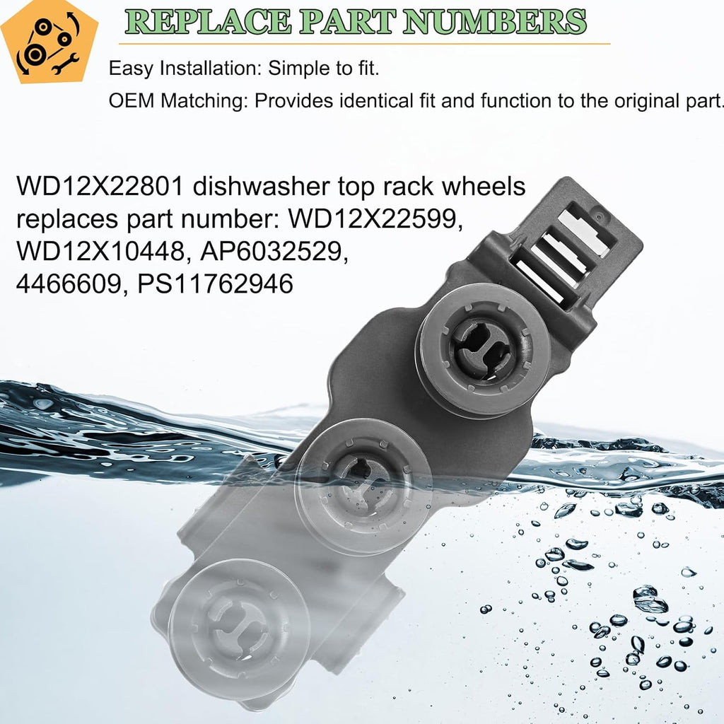 WD12X22801 Dishwasher Rack Bracket with 3 Wheels for GE Haier Dishwasher Roller Wheels - Replace AP6032529 4466609 PS11762946 WD12X10448 WD12X22599 (2 PACK）
