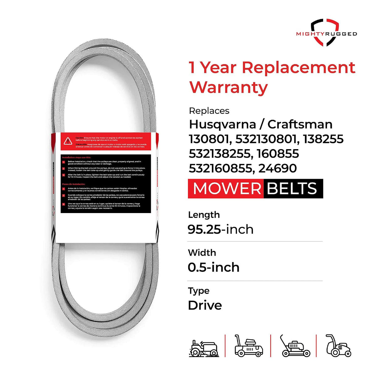 MightyRugged 130801 Craftsman Ground Drive Belt Replacement for 532138255