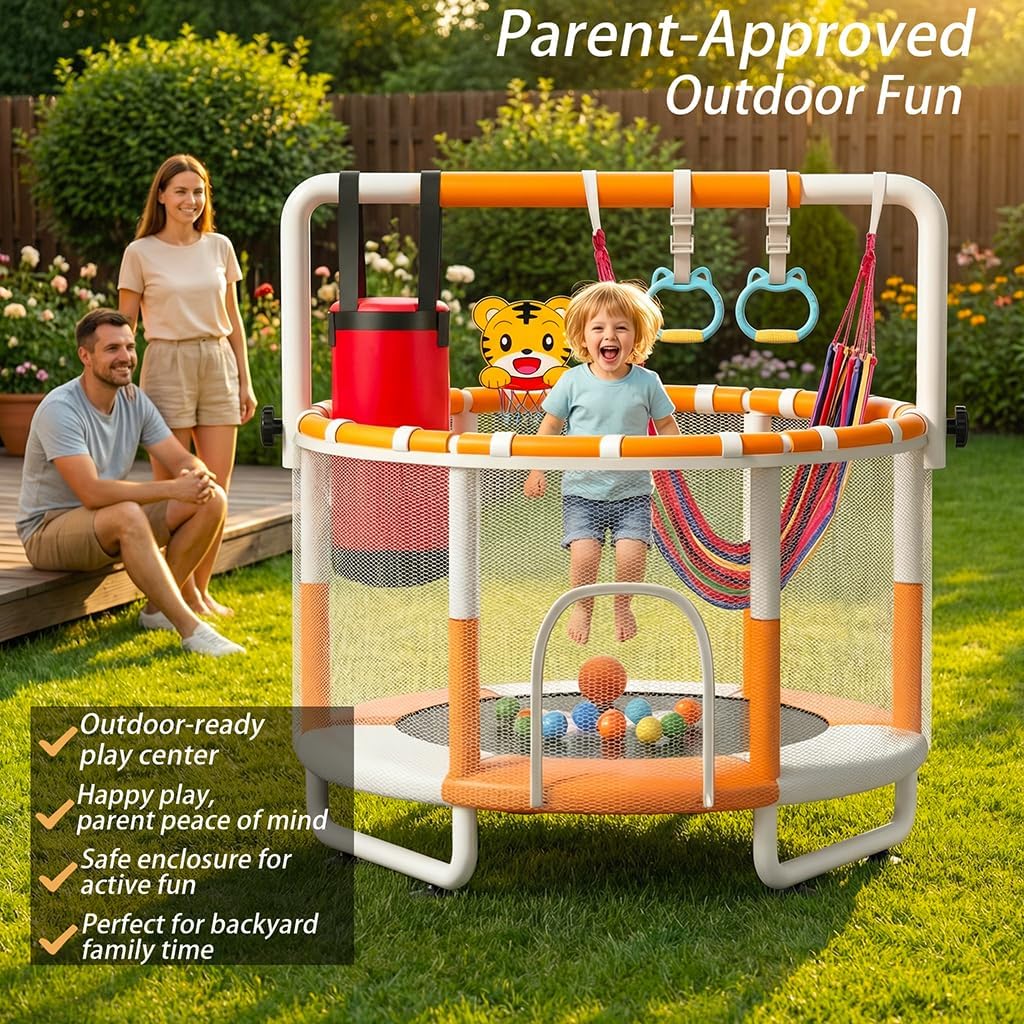 55" Kids Indoor Trampoline with Safety Net, Adjustable Gymnastics Bar & Toys – Indoor/Outdoor Toddler Play Gym for
