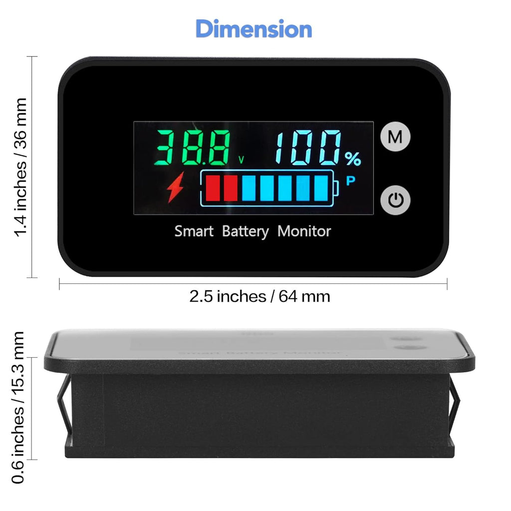 IPX7 Waterproof Battery Monitor 7-100V Tester with Bracket, Temp & Alarm | 12v 24v 36v 48v 60v 72v Digital Display
