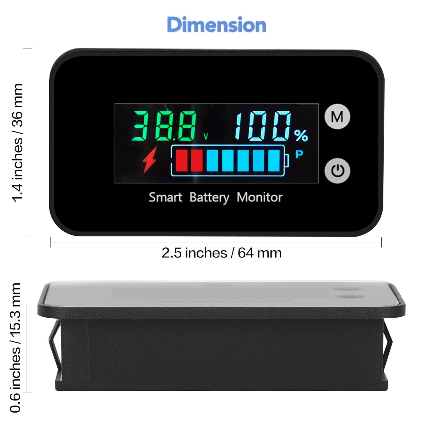 IPX7 Waterproof Battery Monitor 7-100V Tester with Bracket, Temp & Alarm | 12v 24v 36v 48v 60v 72v Digital Display