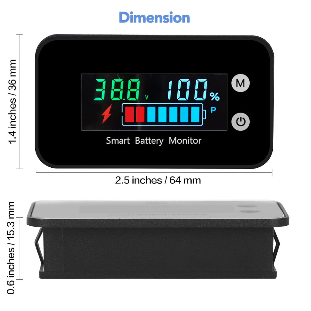 7-100V IPX7 Waterproof Battery Monitor Color LCD with Buzzer Alarm &Temp | 12v 24v 36v 48v 60v 72v Digital Display