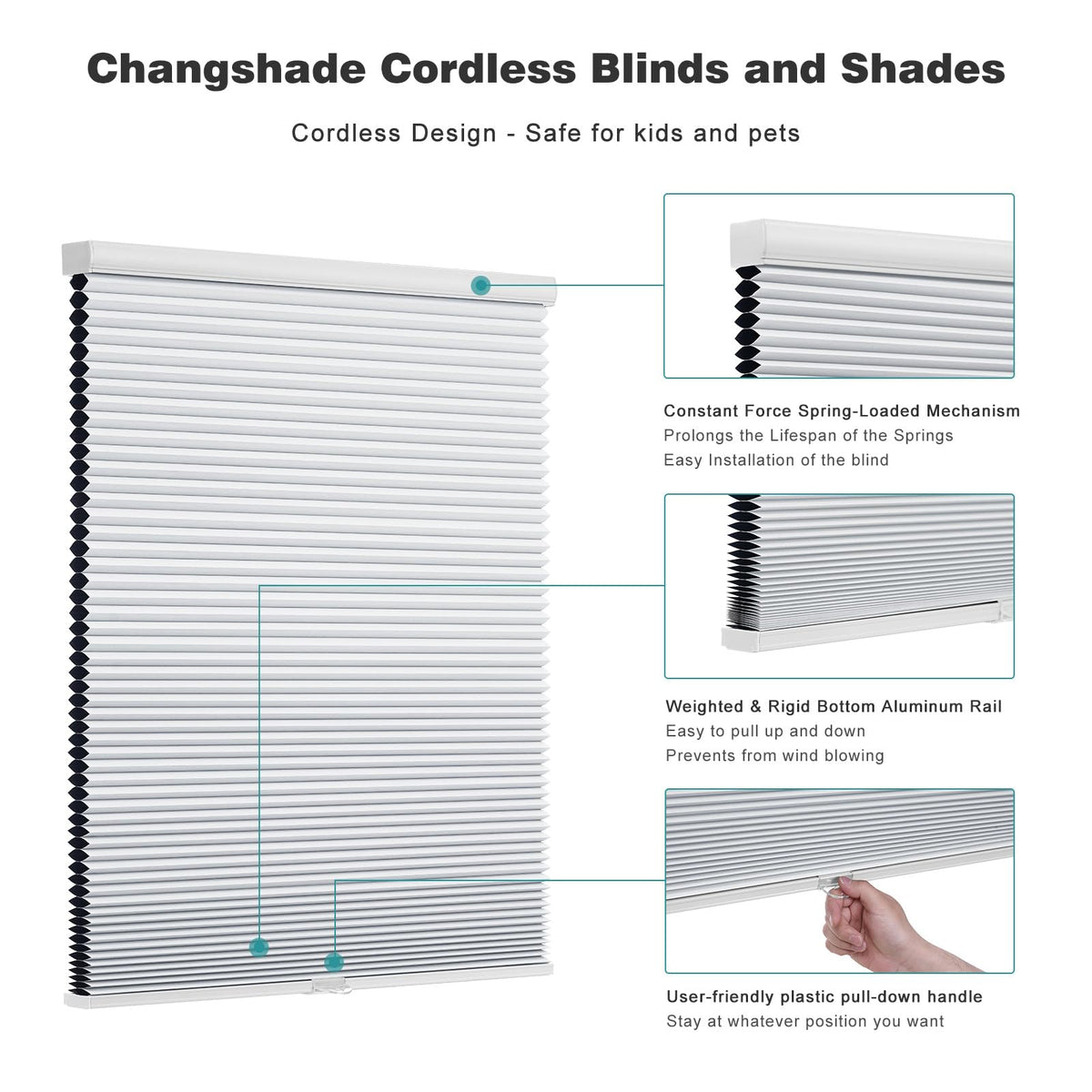 Cordless Cellular Shades,Blackout Honeycomb Shades for Windows,Pull Down Pleated Blinds,Easy to Install for Indoor