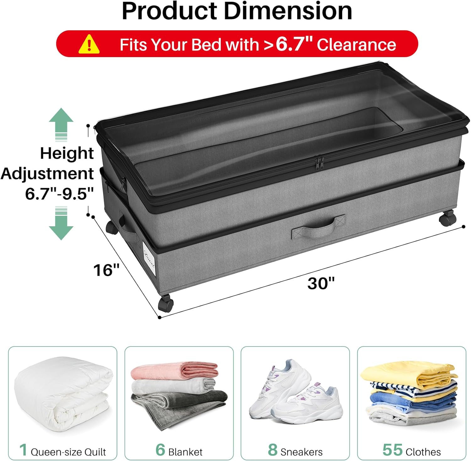 Under Bed Storage with Wheels 2Pack Height-adjustable Under Bed Storage Containers,Under Bed Shoe Storage Organizer