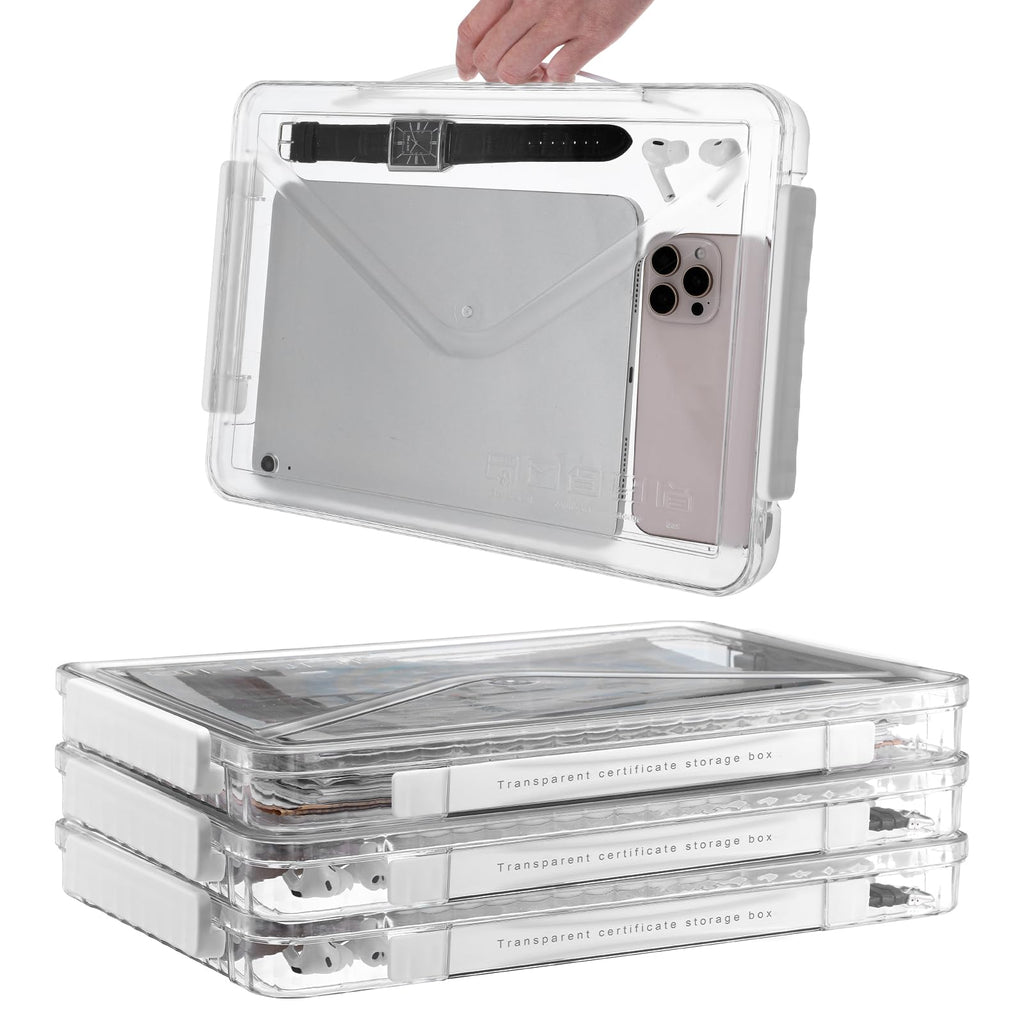 4 Pack Clear Plastic File Boxes with Handle, Modern Style, Stackable, Water Resistant, A4 Letter File, Document