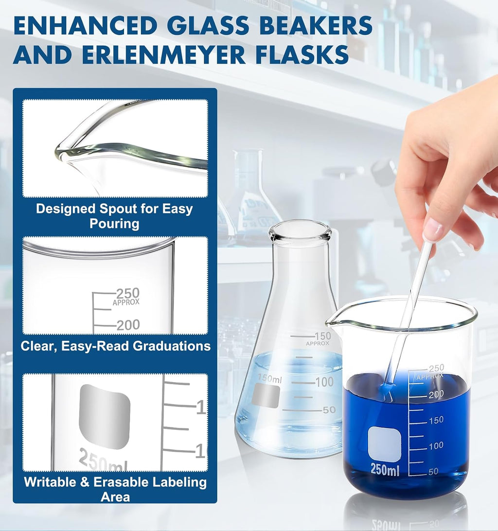 Glass Beaker Set, 19-Piece Labware Kit | Glass Beaker 50/100/250/500mL, Flask 50/100/150/250mL, Cylinder