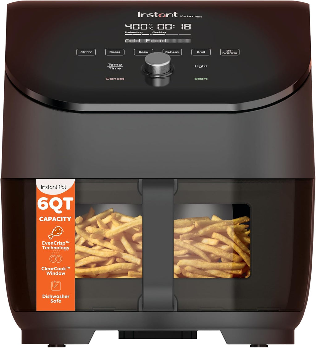 Vortex Plus 6QT ClearCook Air Fryer, Clear Windows, Custom Program Options, 6-in-1 Functions, Crisps, Broils, Roasts