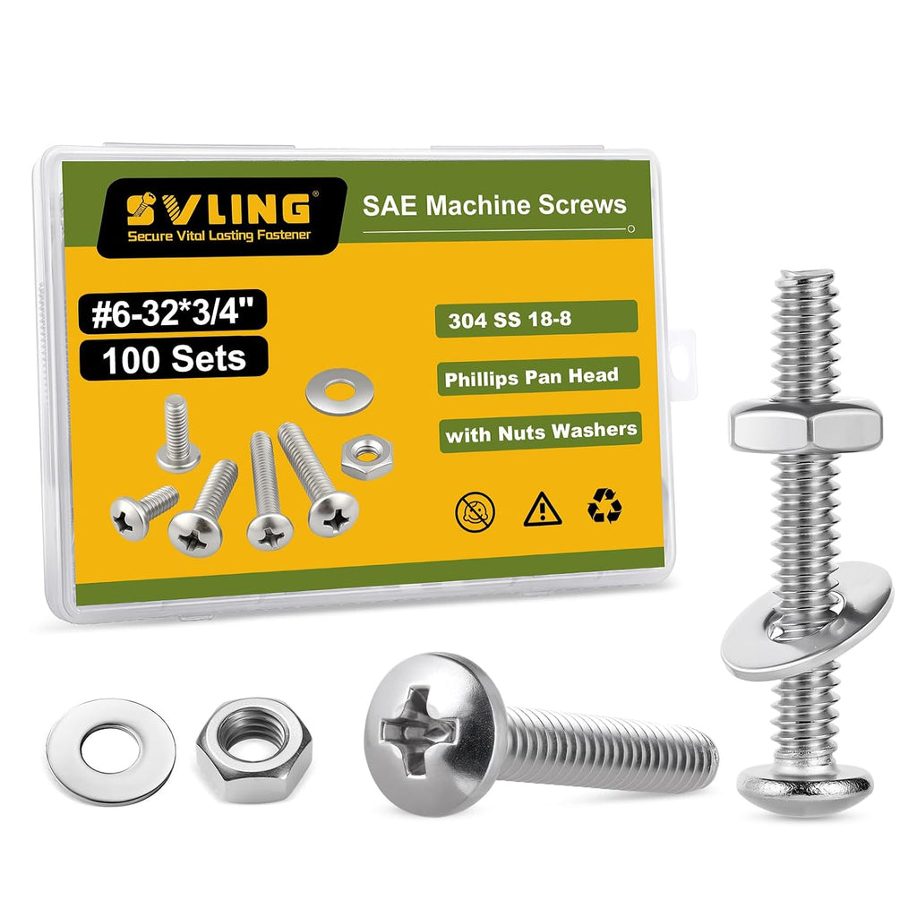 #6-32 x 3/4" Pan Head Machine Screws Nut Bolt Washer Assortment Kit,(100 Sets) 304 Stainless Steel 18-8 Phillips Drive Full Thread Assorted