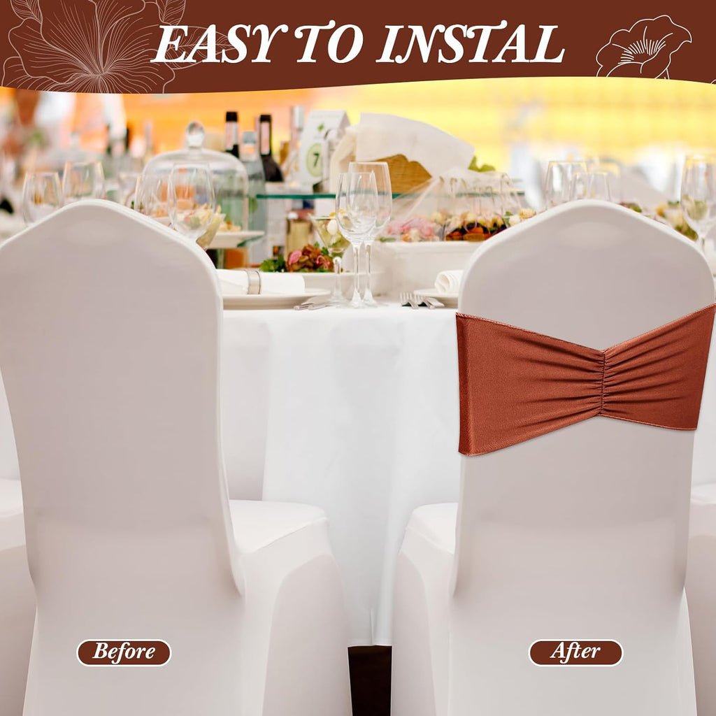 100Pcs Spandex Chair Sashes Bow Elastic Band Ties, Terracotta