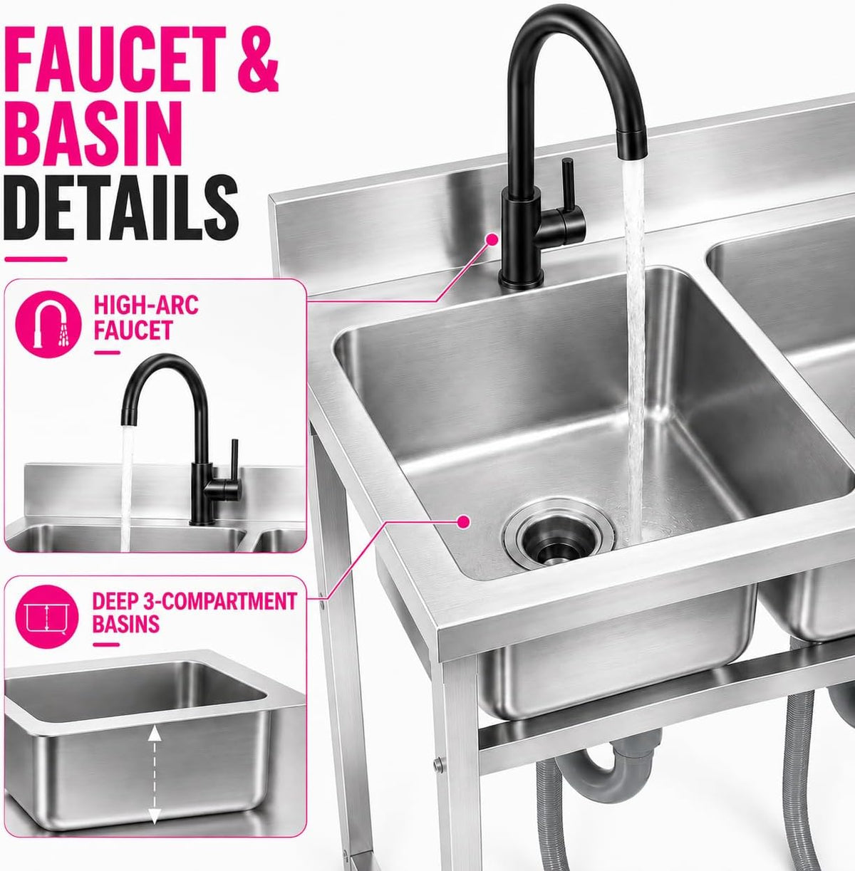 Small 3 Compartment Sink, 304 Stainless Steel Commercial Sink