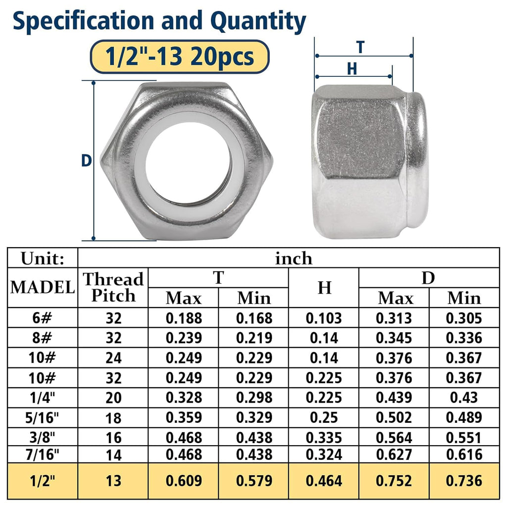 1/2-13 Lock Nut, 20Pcs Stainless Steel Nylock Insert Locking Nut