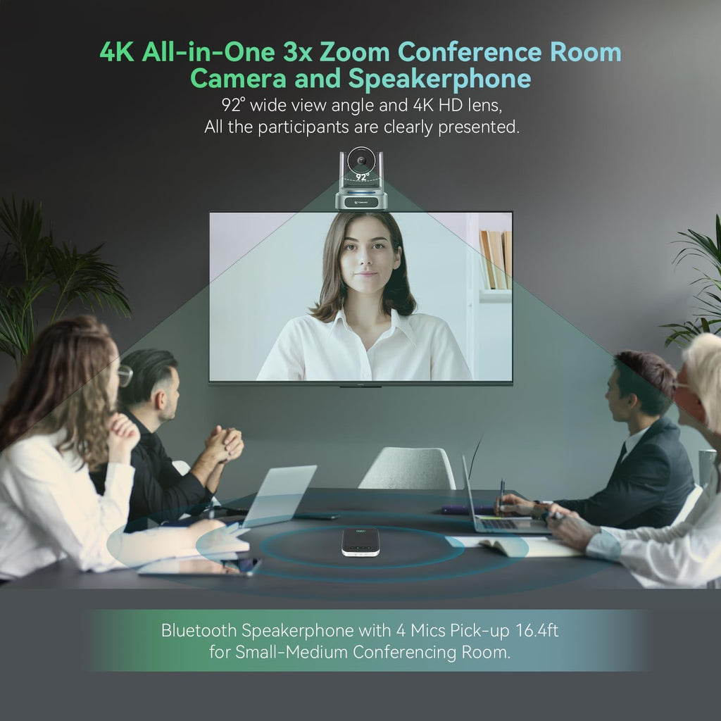 4K Conference Room Camera System, AI Auto-Tracking 4K PTZ Camera 3x Optical Zoom 92° Wide-Angle and Bluetooth