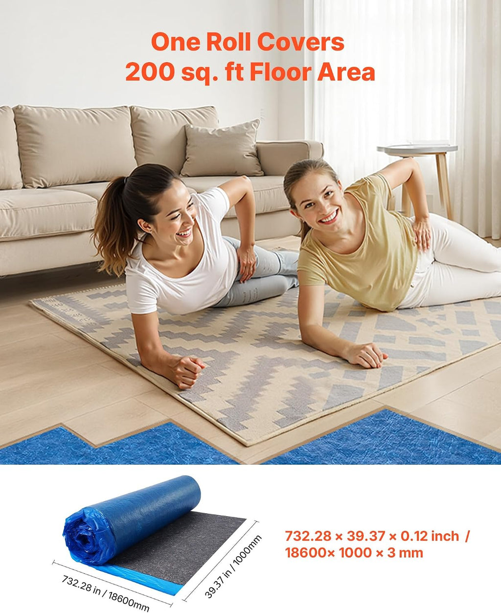 Floor Underlayment 200 sq. ft/Roll, 3 mm Thick Laminate Flooring Padding with Attached Vapor Barrier, Heavy Duty
