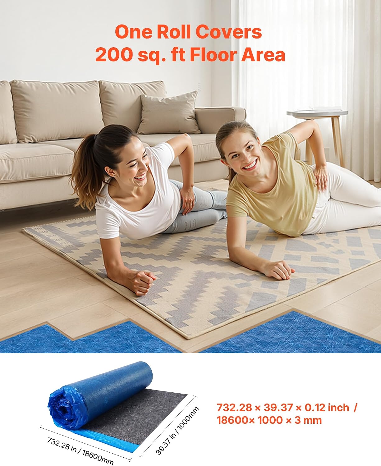 Floor Underlayment 200 sq. ft/Roll, 3 mm Thick Laminate Flooring Padding with Attached Vapor Barrier, Heavy Duty