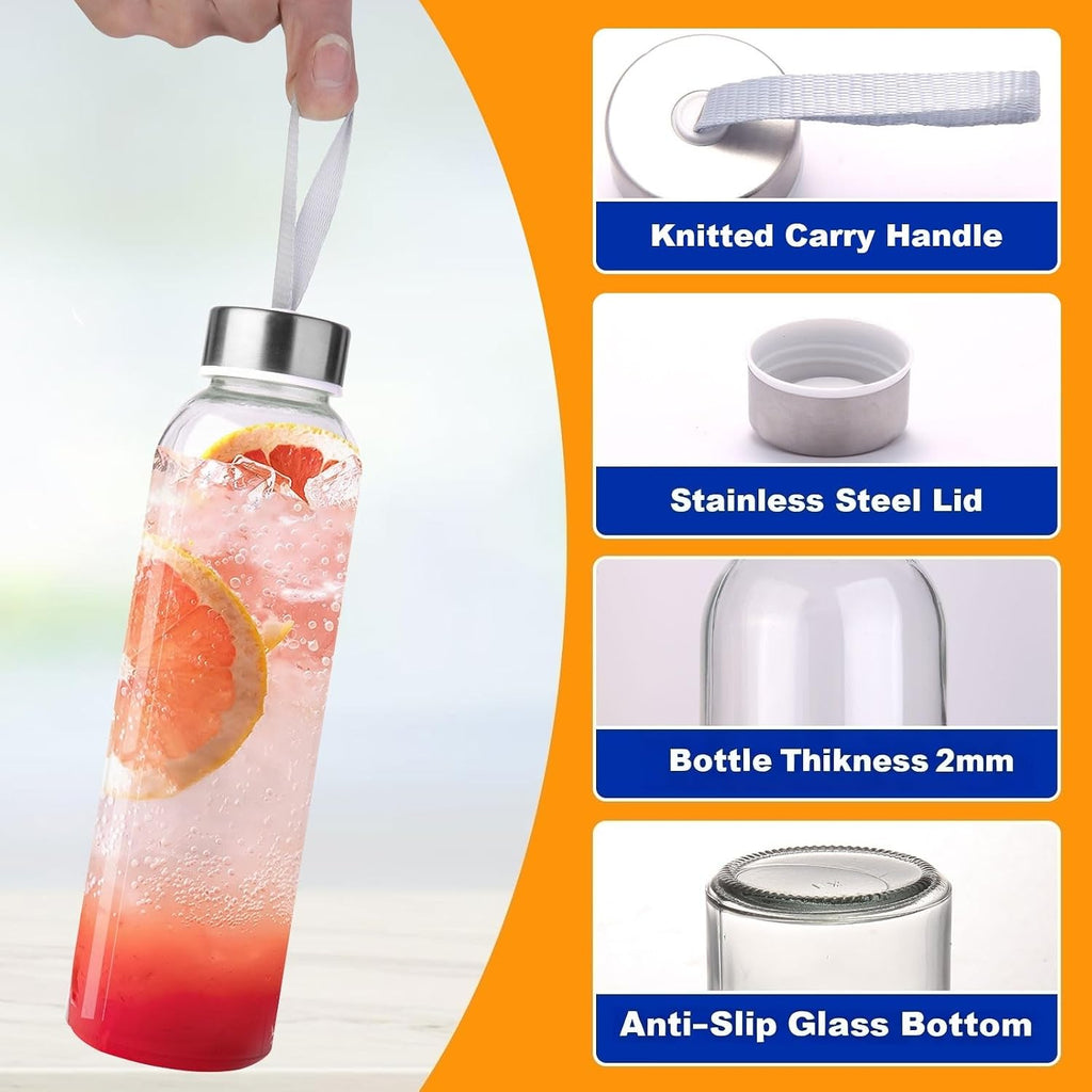 3 Packs Glass Water Bottles with Lid, Clear, 17oz | Reusable Juice Bottle with Stainless Steel Cap, Glass Cup Liquid