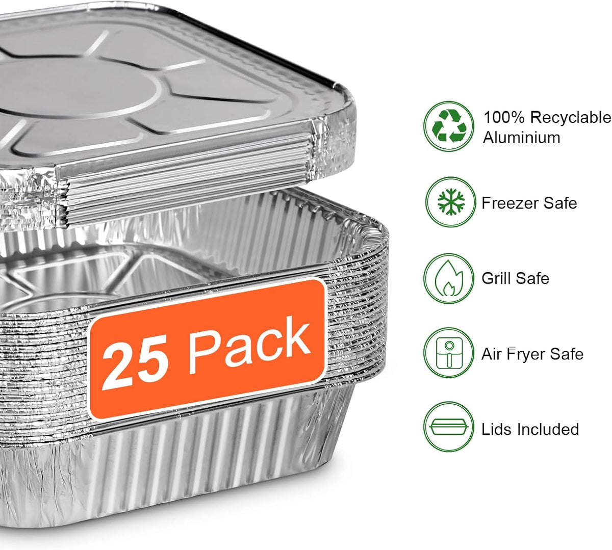 25 Pack 8x8 Square Aluminum Foil Pans with Lids, Disposable