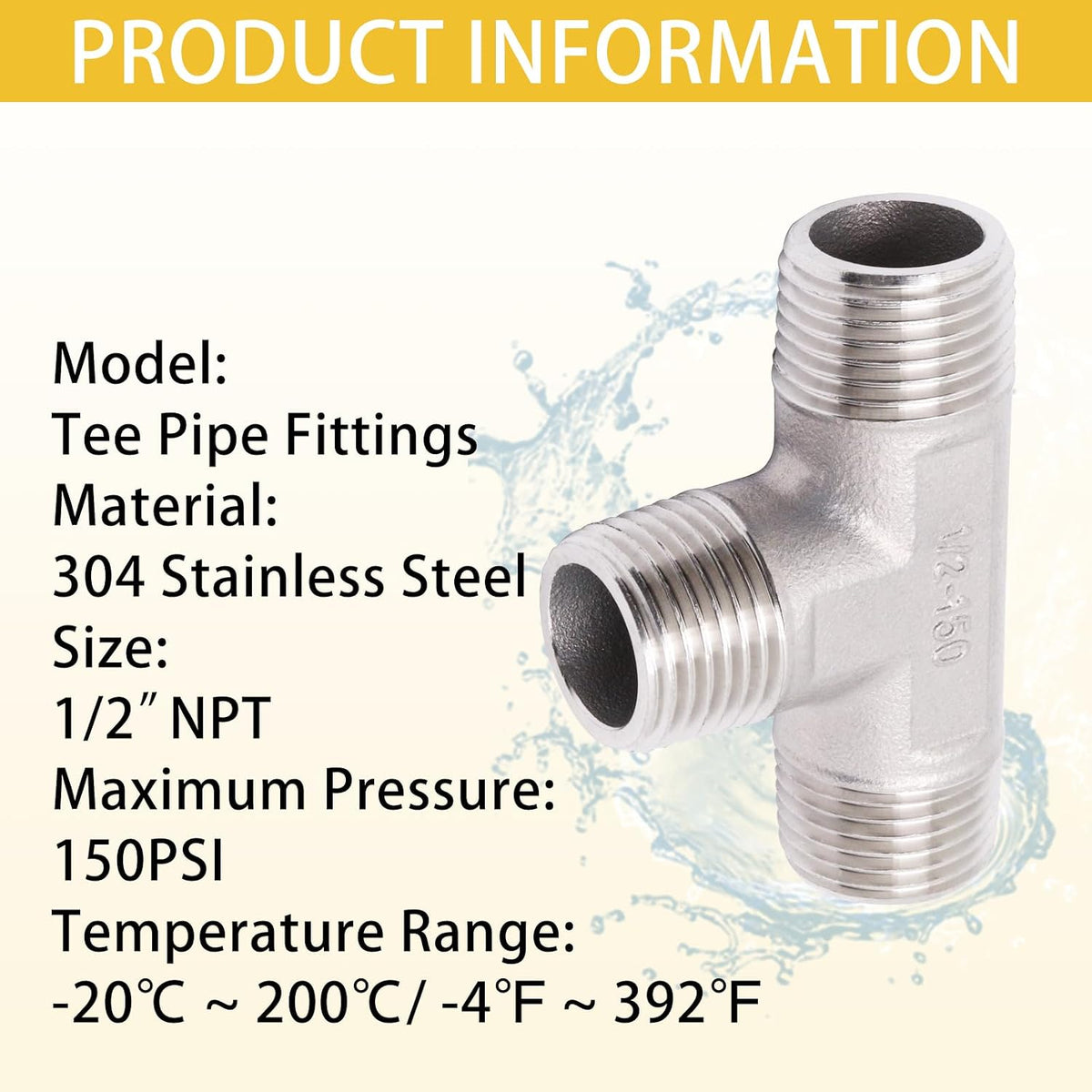 Tee Pipe Fittings 304 Stainless Steel Tee 1/2" x 1/2" x 1/2" Male NPT Thread T Shaped 3 Way Cast Pipe Fitting, 2 Pack