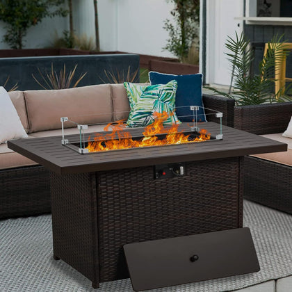 Propane Fire Pit Table,44 Inch 55000 BTU Outdoor Gas Fire Pit Rectangular with Glass Wind Guard for Outside Patio
