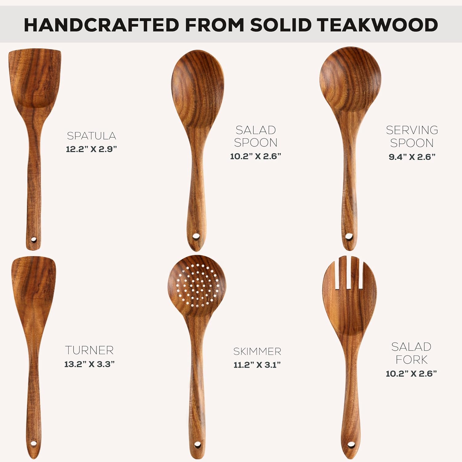 6 Piece Wooden Spoons for Cooking – Natural Teak Wooden Utensil Set, Easy to Clean, Durable, Smooth with Comfort Grip