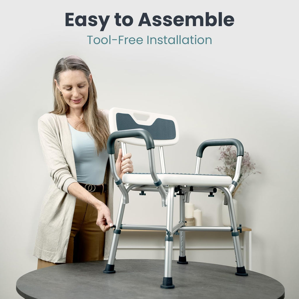 Shower Chair for Elderly and Disabled (450lb) with Padded Armrests and Back, Adjustable Height Shower Seat, Heavy