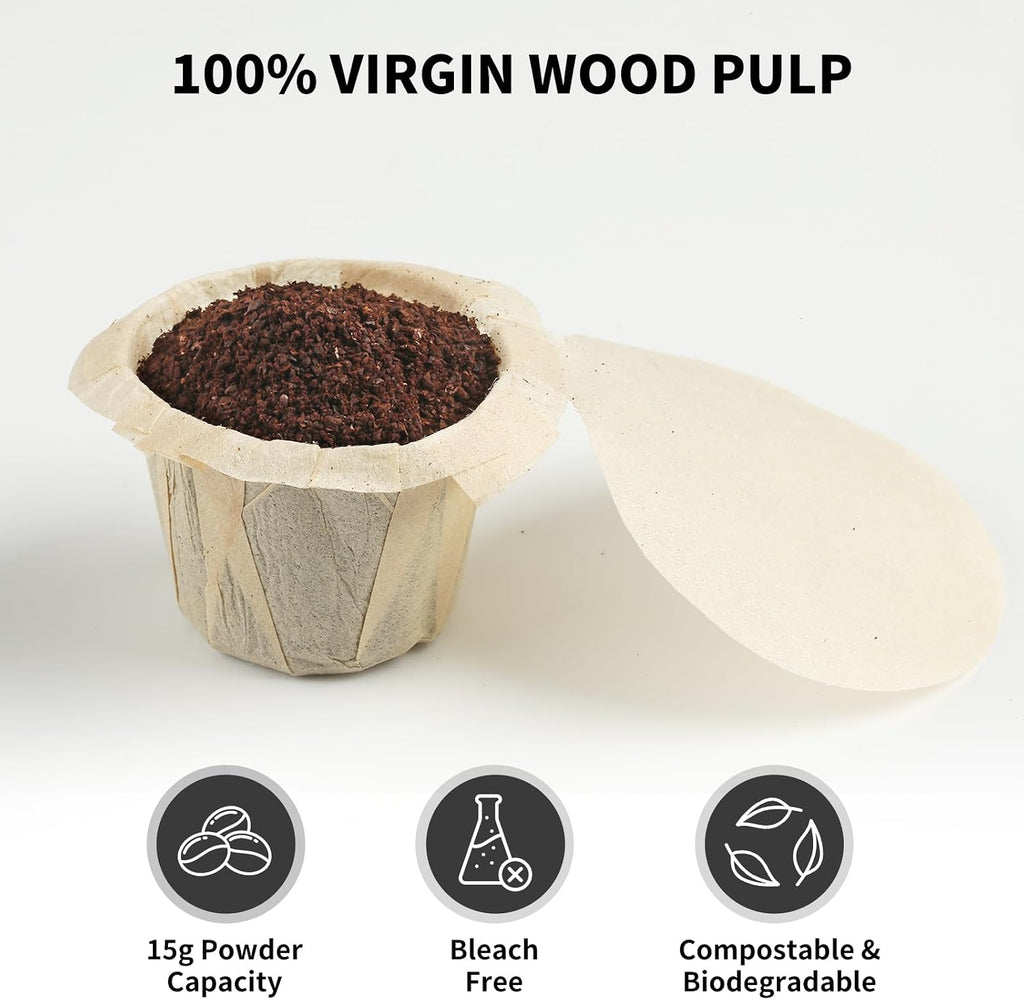 100ct K Cup Coffee Filters with Genius Lid, Unbleached | Fits Most Reusable K-Cups, Chlorine-Free, Compostable Paper