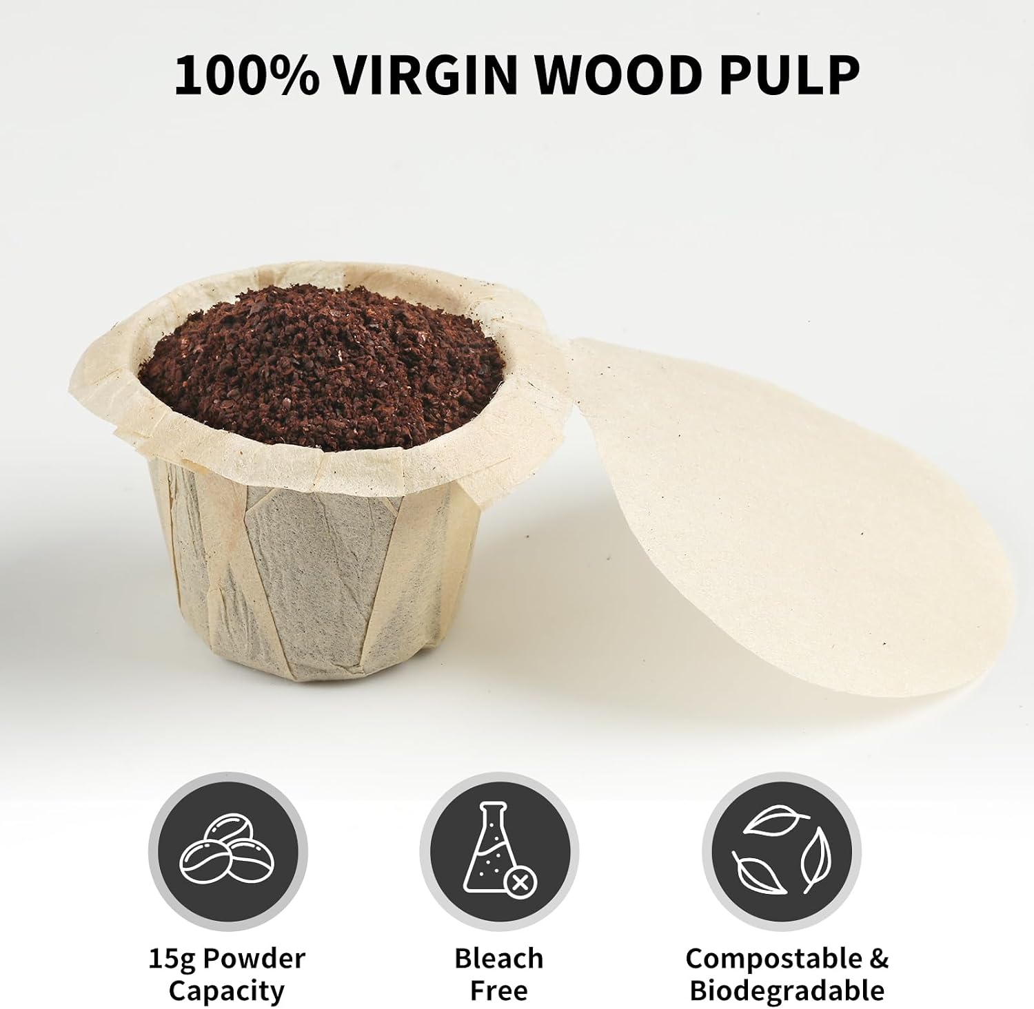 100ct K Cup Coffee Filters with Genius Lid, Unbleached | Fits Most Reusable K-Cups, Chlorine-Free, Compostable Paper