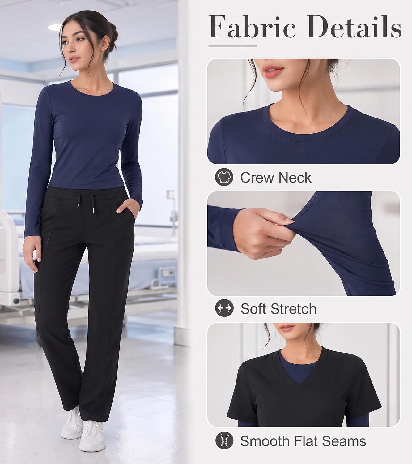 3/4 Pack Underscrub Long Sleeve Women, Scrub Undershirt Crew Neck Basic Tee