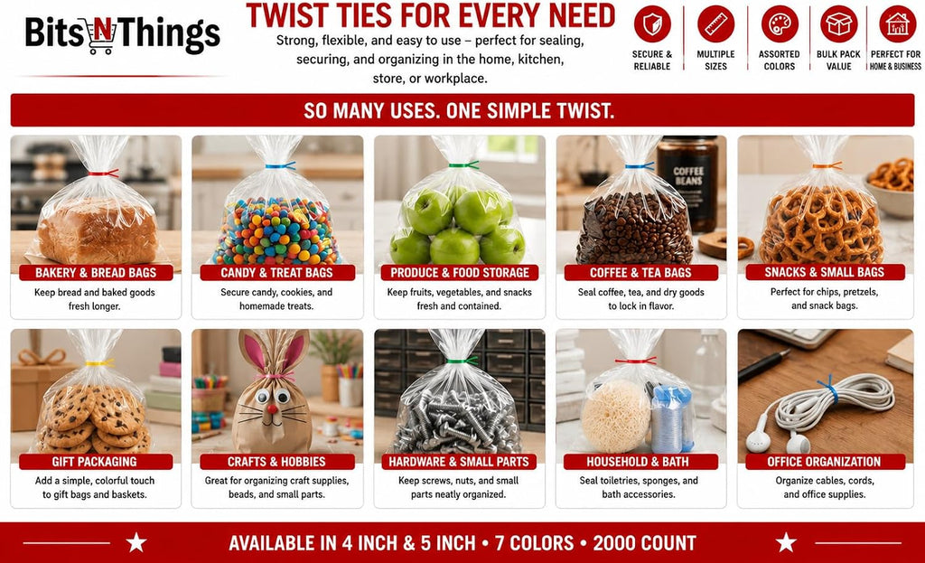 4 Inch Red Twist Ties - 2000 Count | Paper Coated Wire Bag Ties | Bread Bags, Bakery, Candy, Coffee & Food Packaging