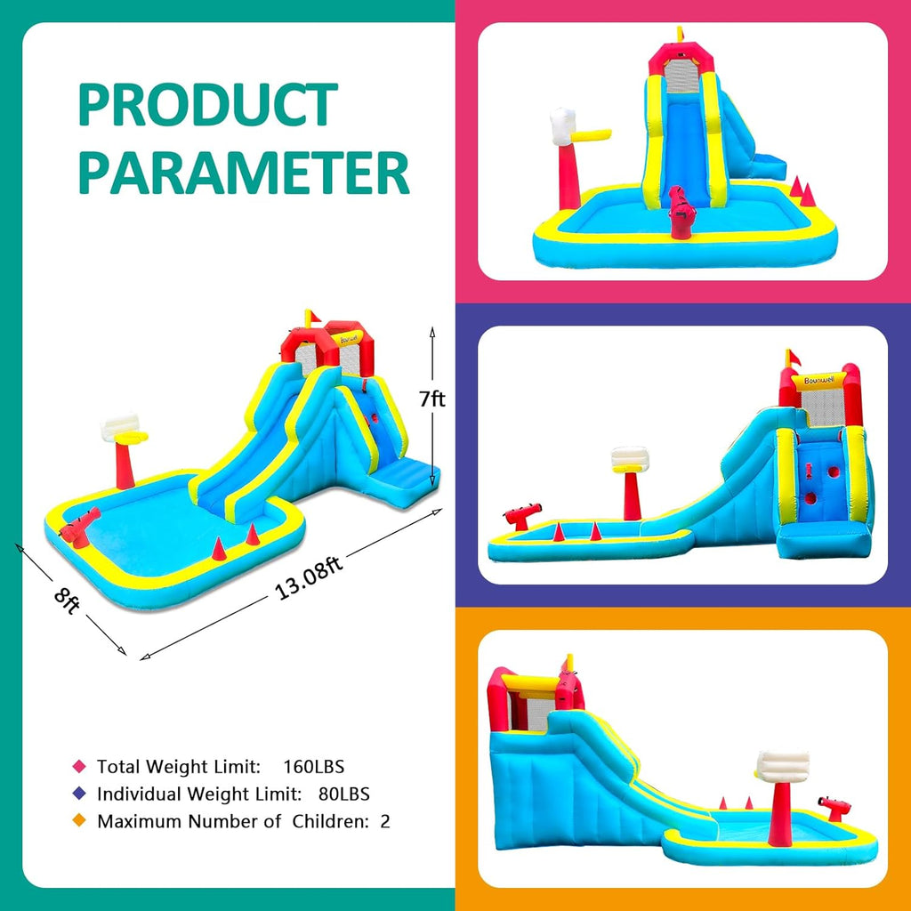 Inflatable Water Slide, Blow Up Water Slide with Climbing Wall, Water Slide for Kids Backyard with Basketball Hoop