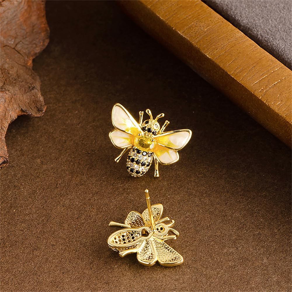 Dainty Honeybee Stud Earrings Sterling Silver Post Studs Cubic Zriconia Rhinestone Bee Insects Animal Cartilage