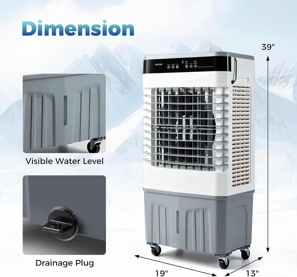 3-in-1 Swamp Cooler, 2100 CFM Evaporative Air Cooler, White | Portable Cooling Fan with Remote, 5.3 Gal Water Tank, 3