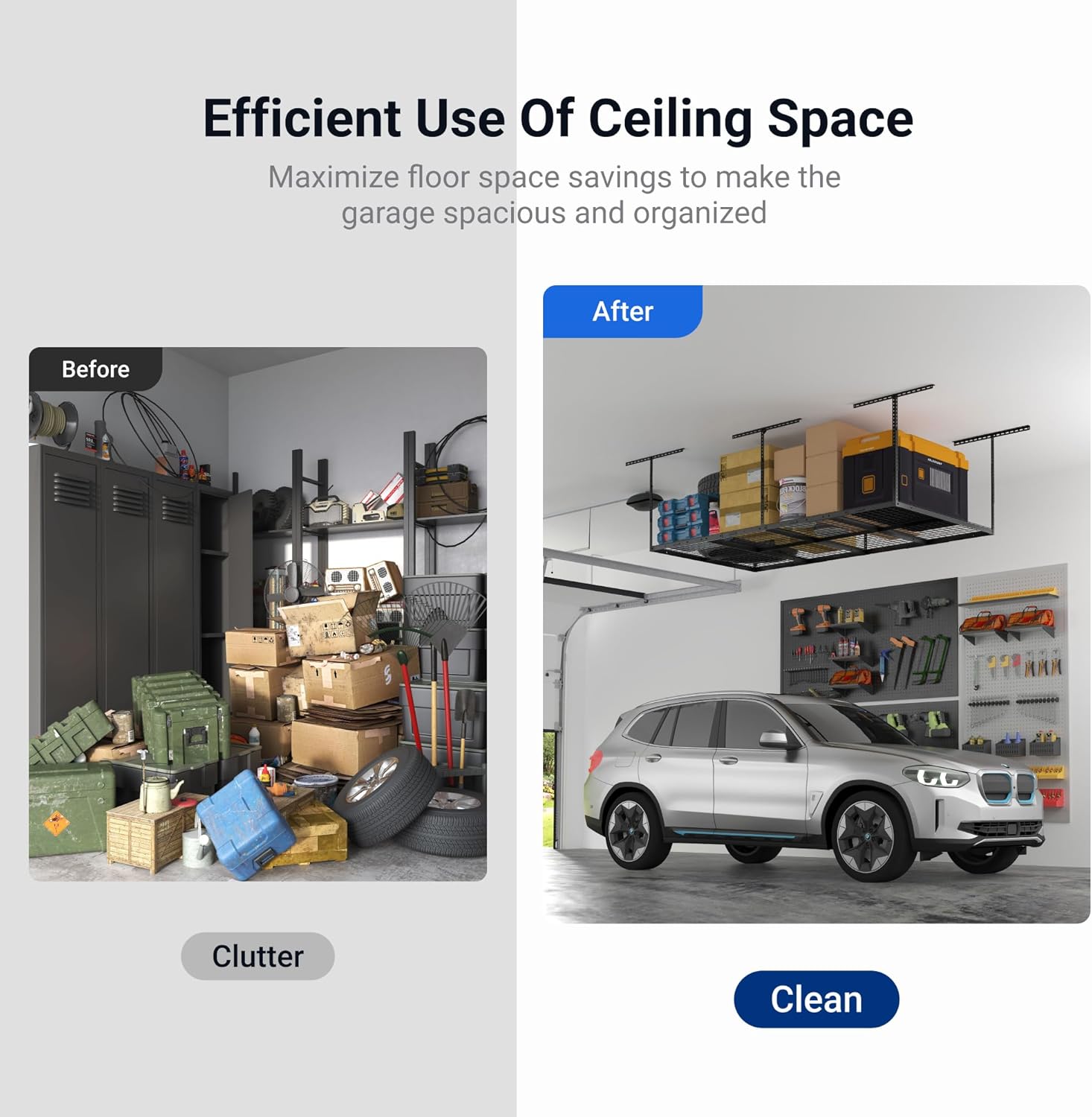4x8 Overhead Garage Storage Rack, Adjustable Organization System, Heavy-Duty Metal Ceiling Racks, 750lbs Weight